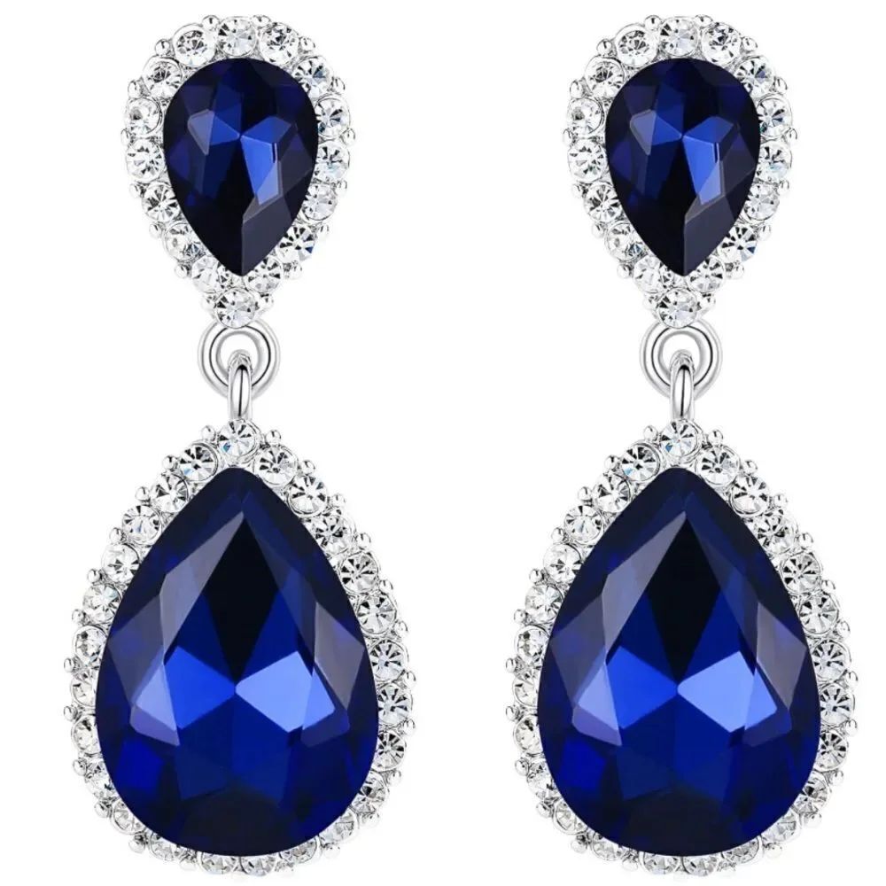 Silver with Sapphire Blue and Diamond Austrian Crystal Teardrop Post Earrings
